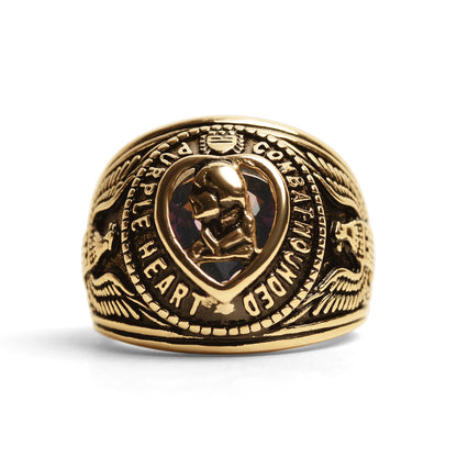 18K Gold PVD Stainless Steel Military Purple Heart Men's Ring