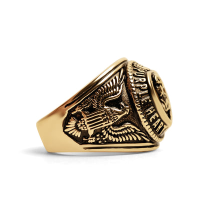 18K Gold PVD Stainless Steel Military Purple Heart Men's Ring