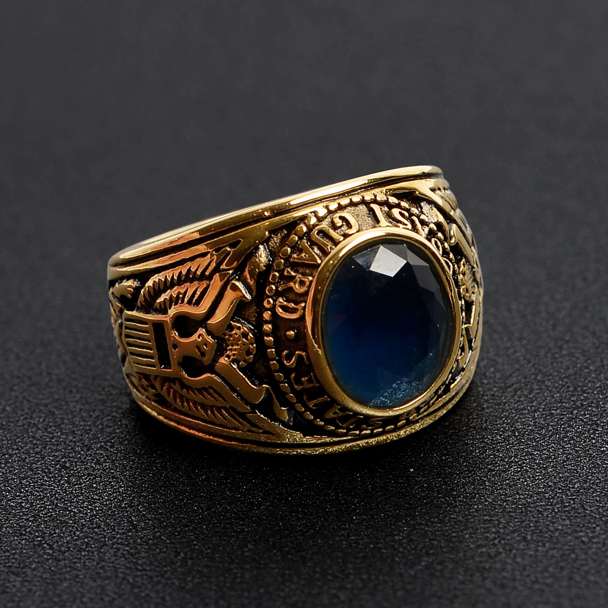 Gold United States Coast Guard Blue Center Stainless Steel Ring