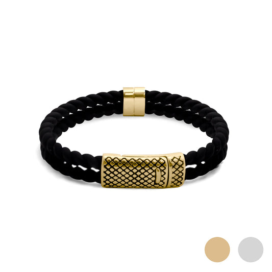 18K Gold PVD Stainless Steel Mens Rubber Metal Clasp Bracelet