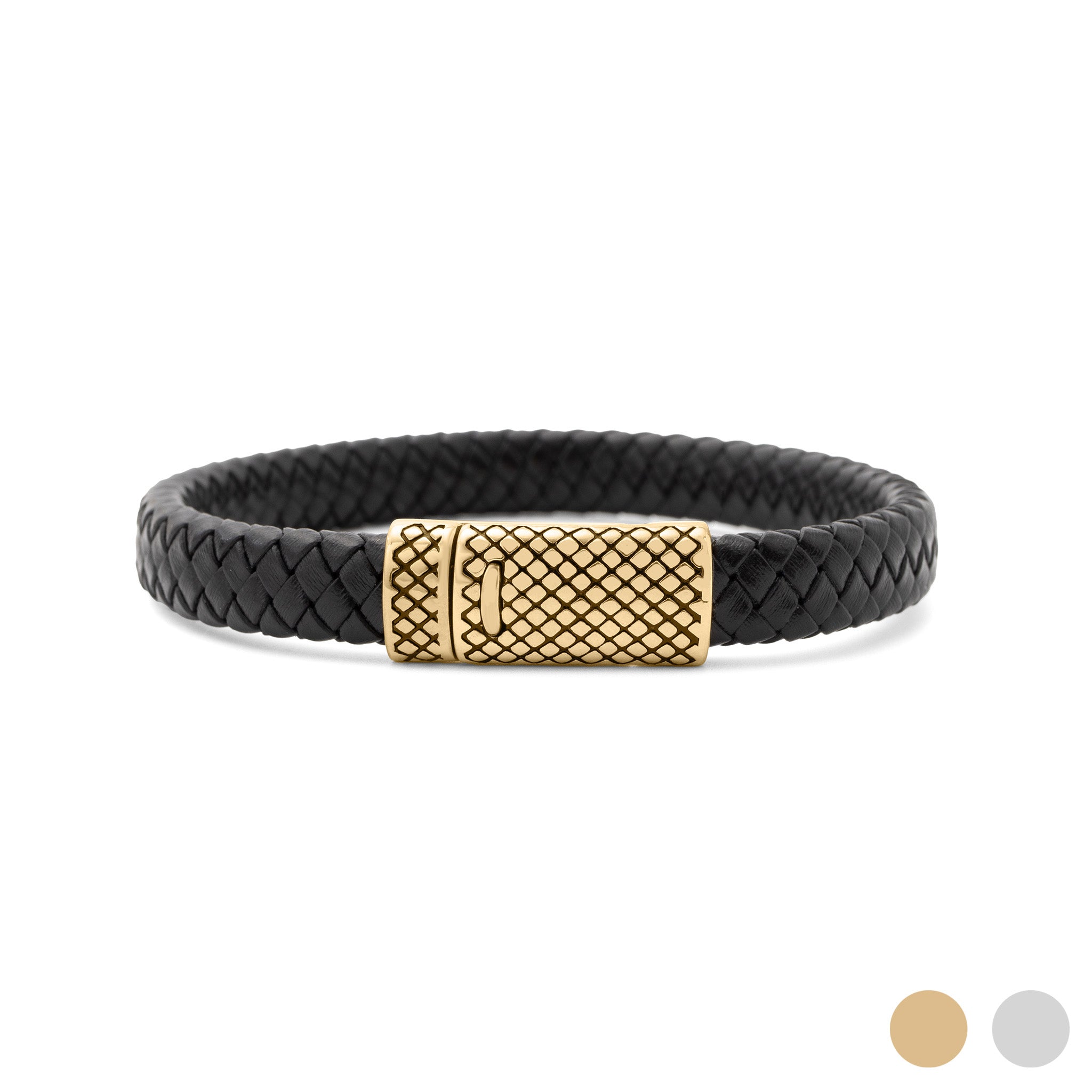 18K Gold PVD Stainless Steel Mens Leather Metal Clasp Bracelet