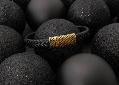 18K Gold PVD Stainless Steel Mens Leather Metal Clasp Bracelet