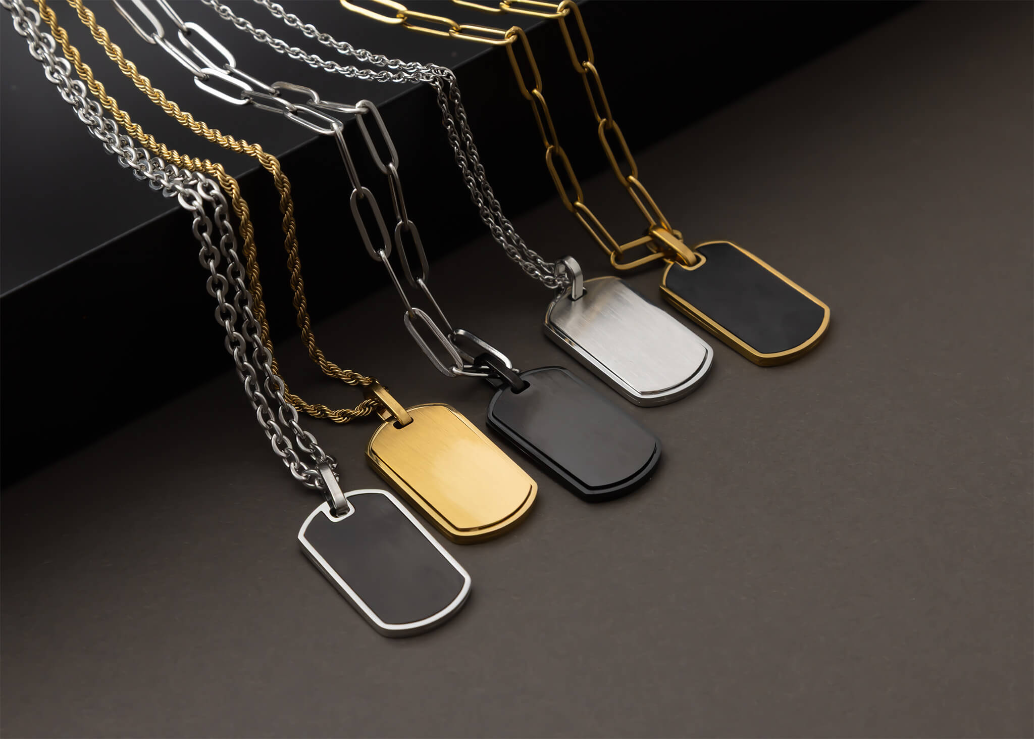 Stainless Steel Mens Brushed Matte Black and Gold Dog Tag