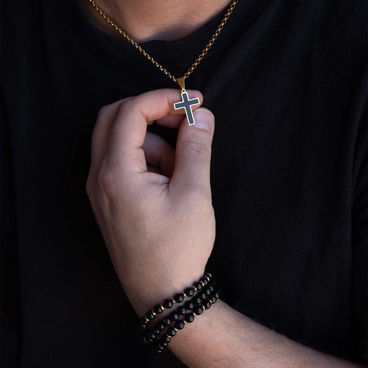 18K Gold PVD Stainless Steel Mens Agate Bead Bracelet