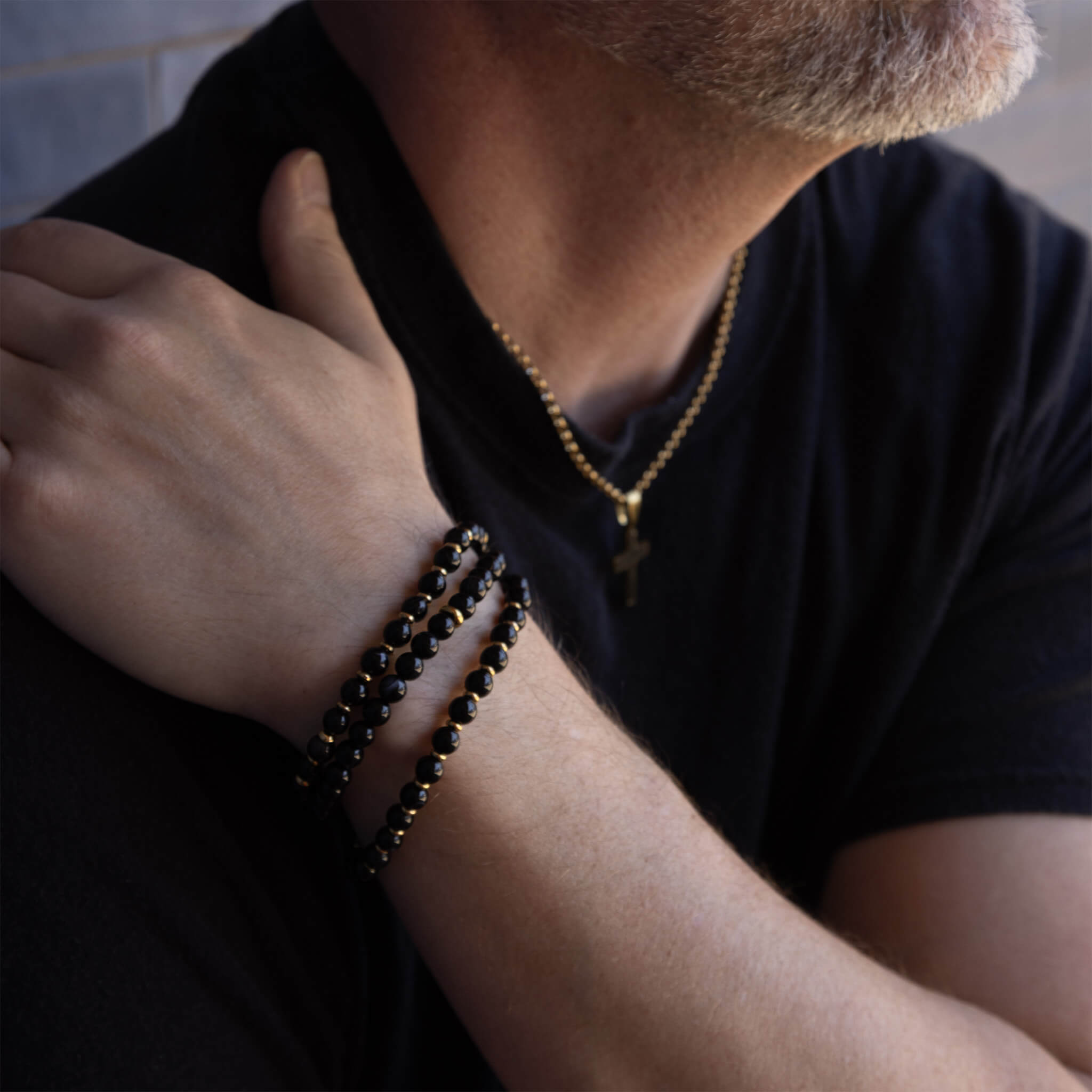 18K Gold PVD Stainless Steel Mens Agate Bead Bracelet