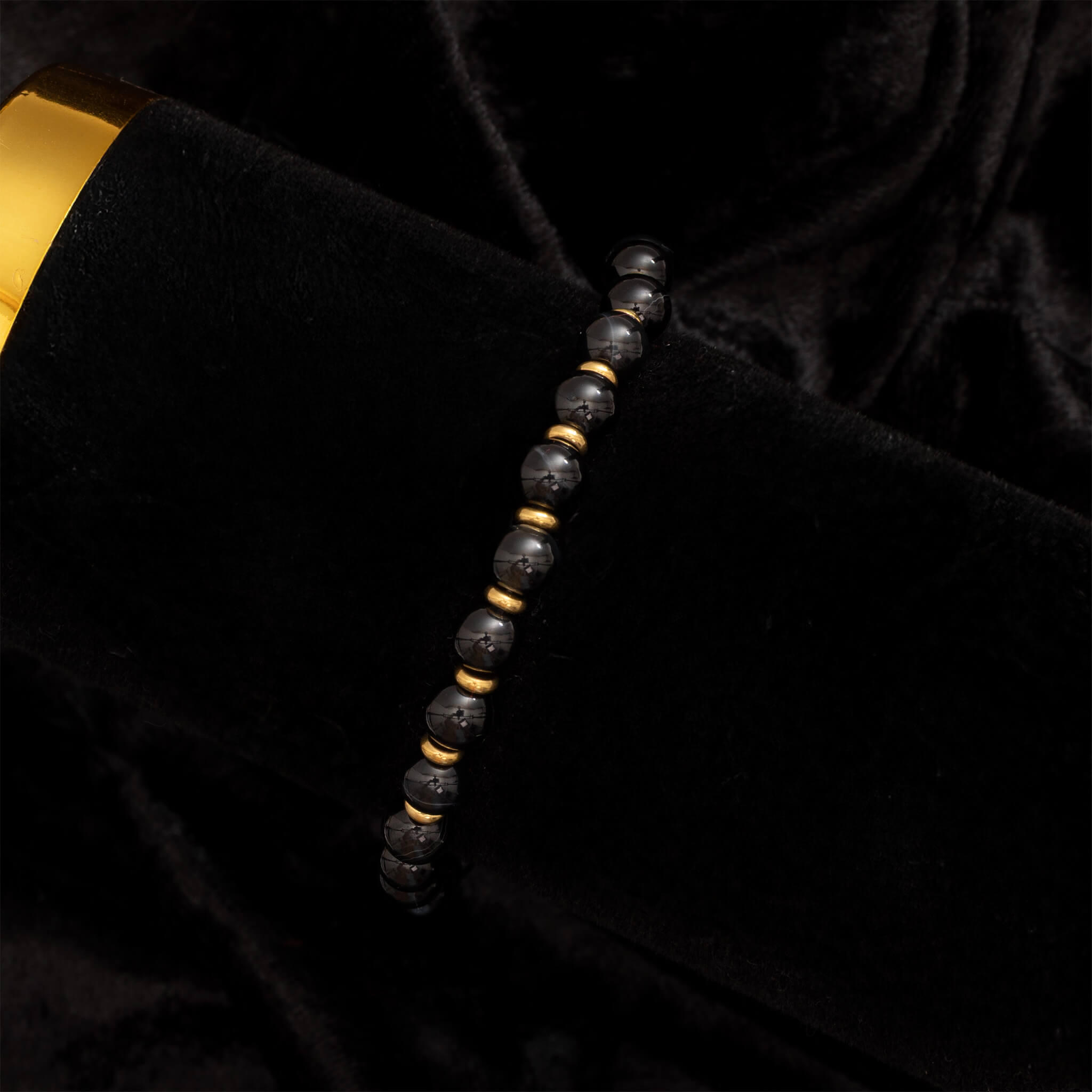 18K Gold PVD Stainless Steel Mens Agate Bead Bracelet
