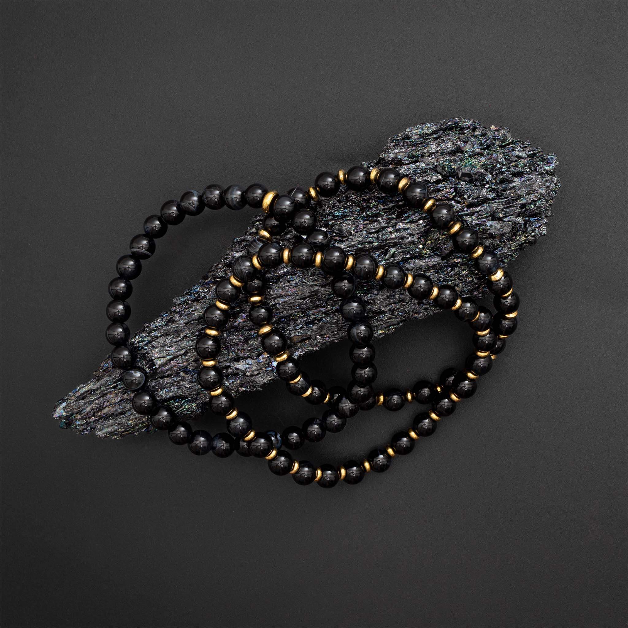 18K Gold PVD Stainless Steel Mens Agate Bead Bracelet