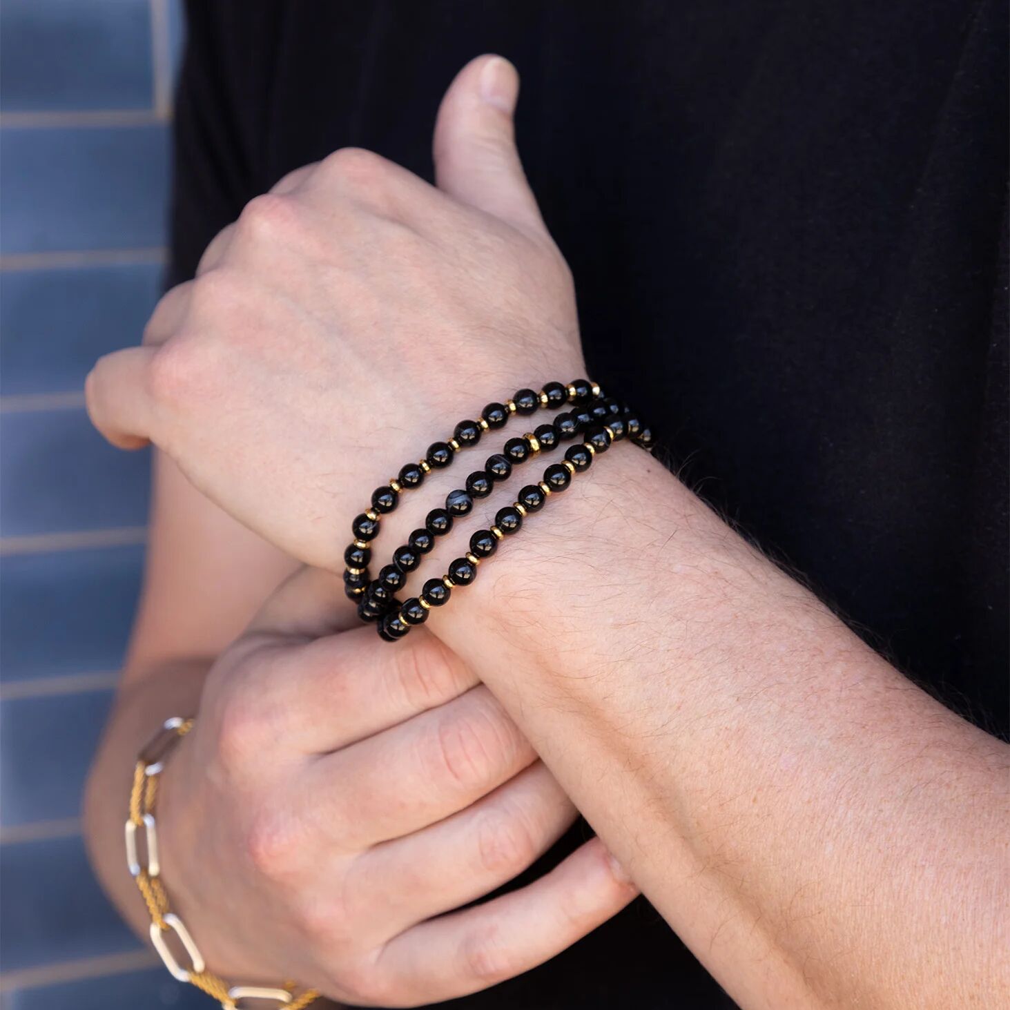18K Gold PVD Stainless Steel Mens Agate Bead Bracelet