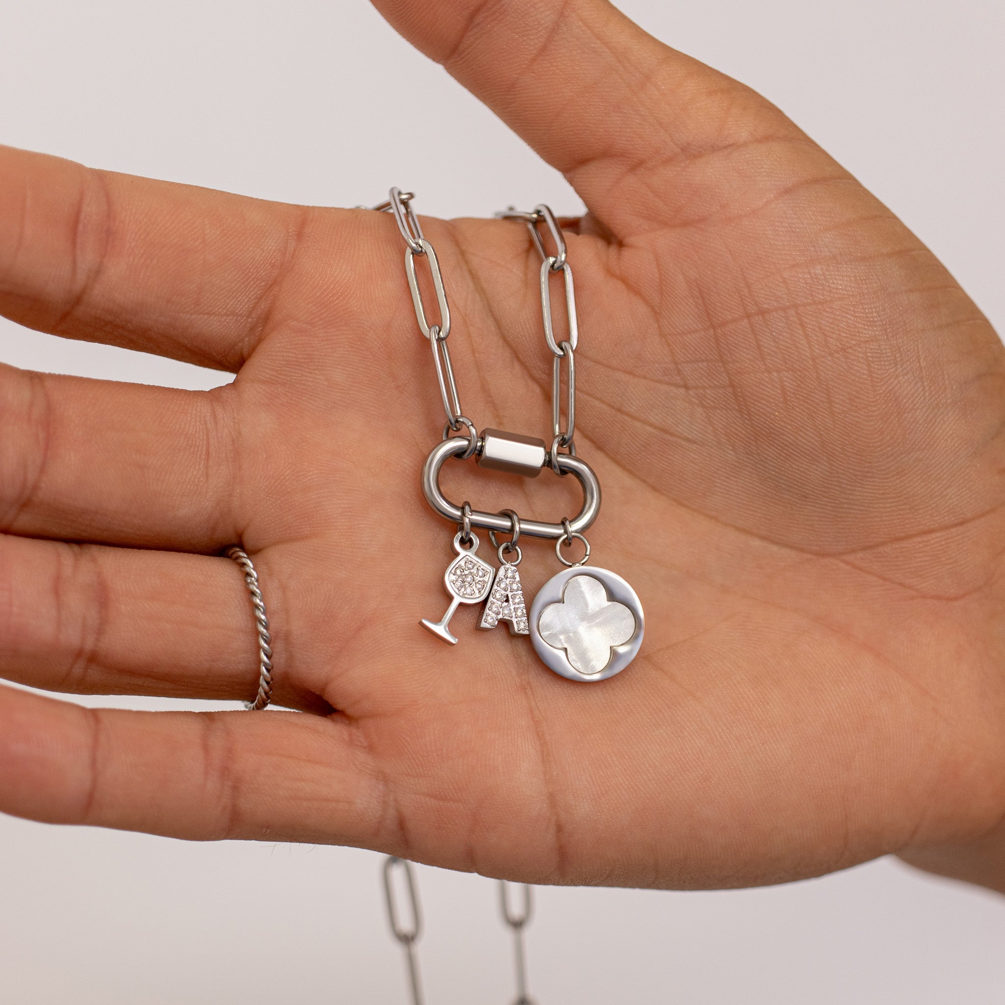 18K Gold PVD Stainless Steel Paperclip Carabiner Charm Holder Necklace