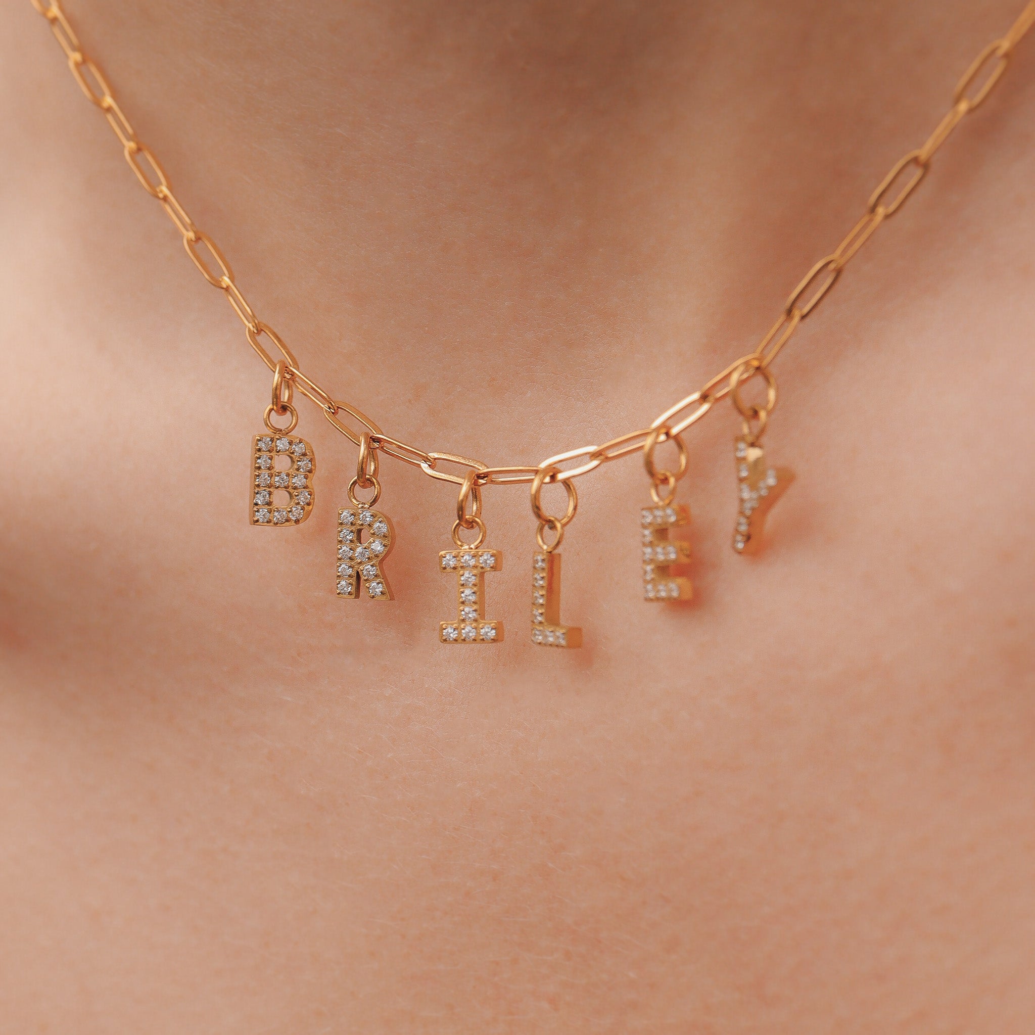 18K Gold PVD Stainless Steel Pave Set CZ Initial Letter Charms