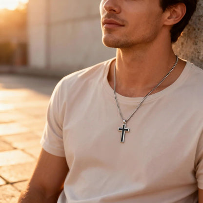 Stainless Steel Black Carbon Fiber Cross Pendant
