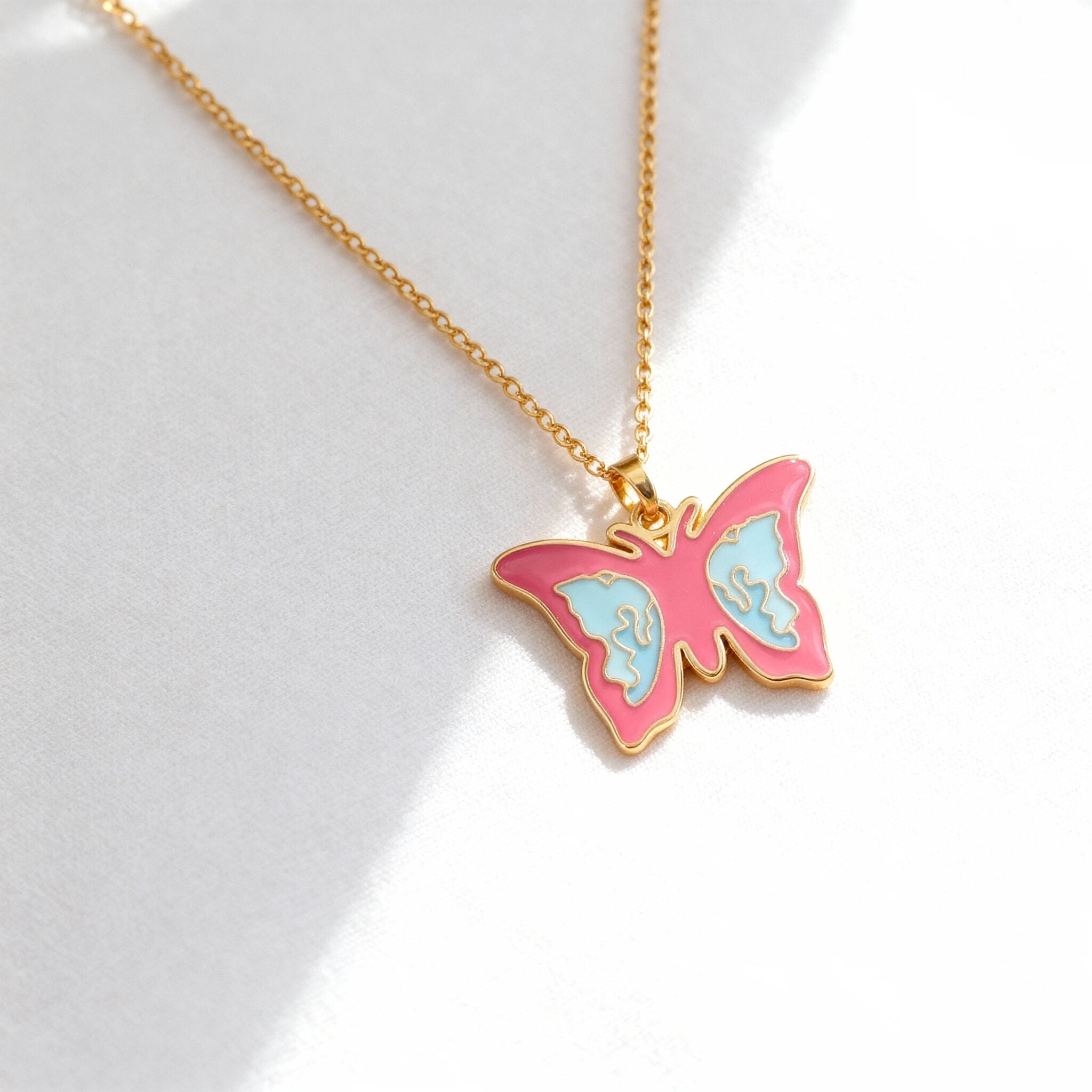 18K Gold PVD Stainless Steel Epoxy Pink and Blue Butterfly Charm