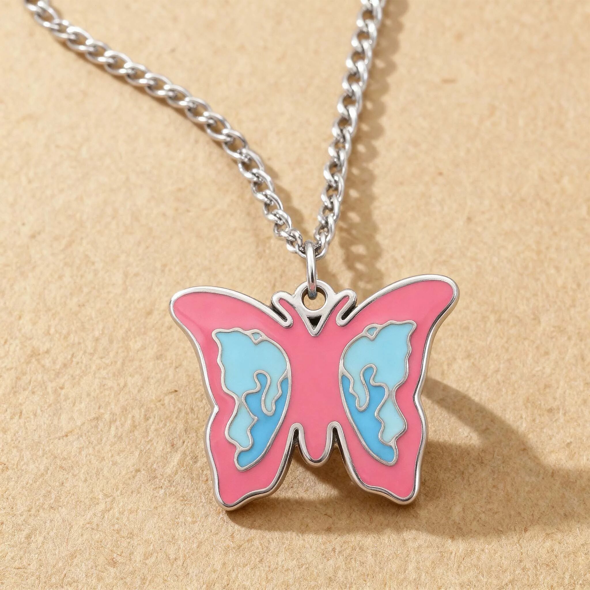 18K Gold PVD Stainless Steel Epoxy Pink and Blue Butterfly Charm