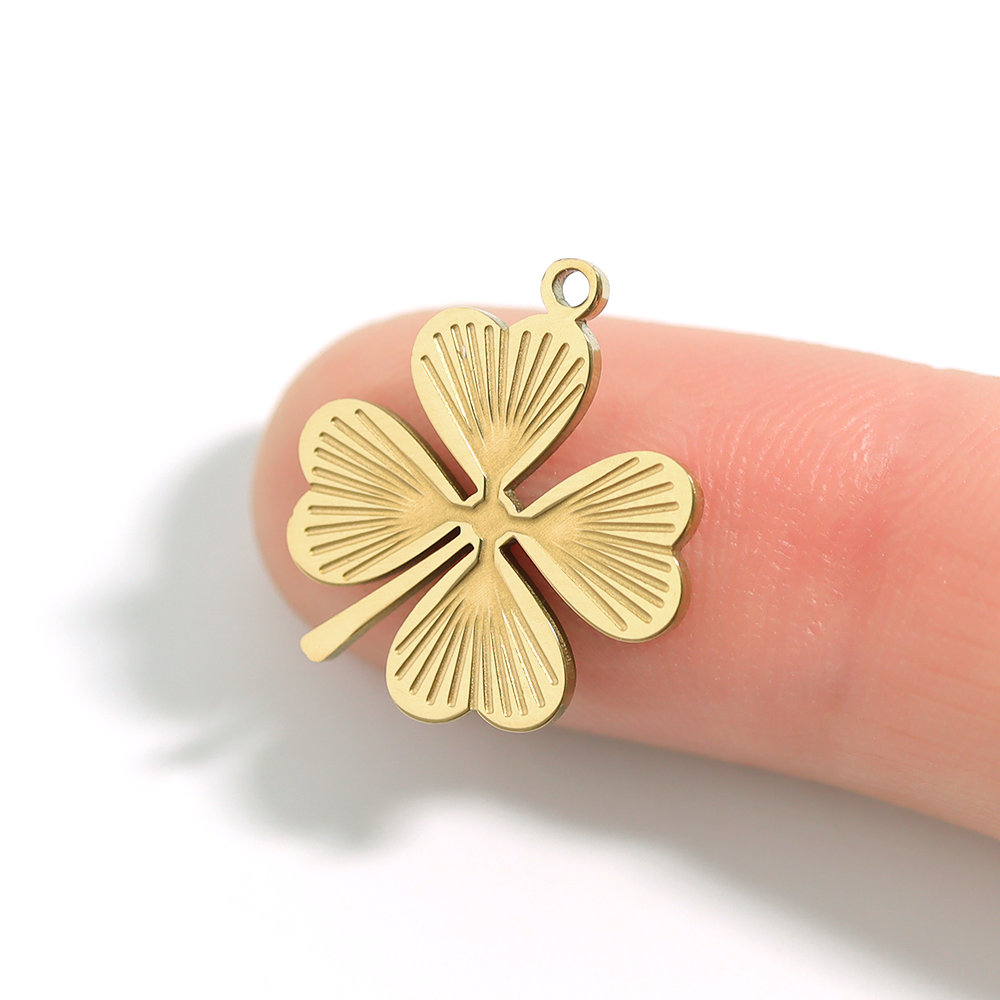 18K Gold PVD Stainless Steel Sunburst Four Leaf Clover Charm