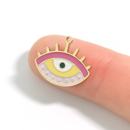 18K Gold PVD Stainless Steel Epoxy Pink and Yellow Evil Eye Charm