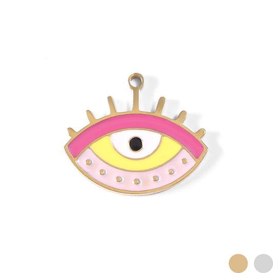 18K Gold PVD Stainless Steel Epoxy Pink and Yellow Evil Eye Charm