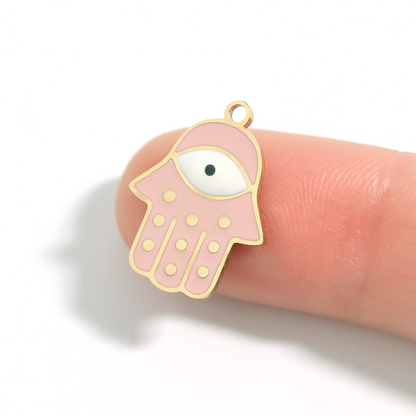 18K Gold PVD Stainless Steel Epoxy Pink Hamsa Hand Evil Eye Charm