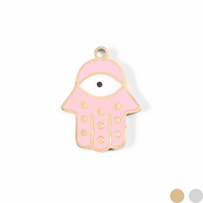 18K Gold PVD Stainless Steel Epoxy Pink Hamsa Hand Evil Eye Charm