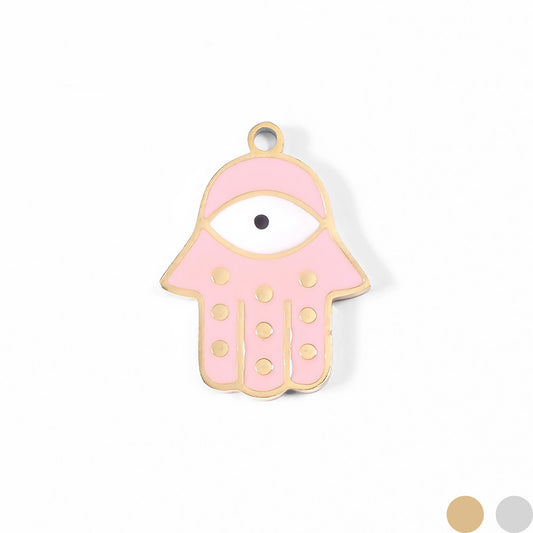 18K Gold PVD Stainless Steel Epoxy Pink Hamsa Hand Evil Eye Charm