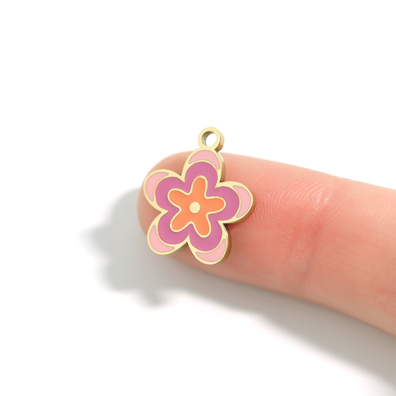 18K Gold PVD Stainless Steel Epoxy Pink Flower Charm