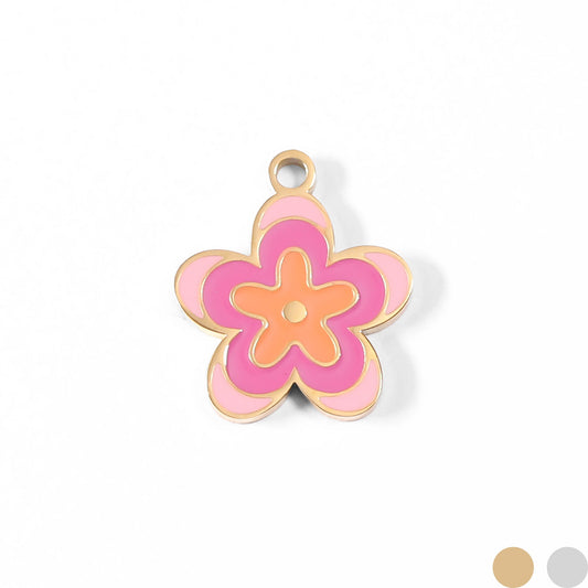 18K Gold PVD Stainless Steel Epoxy Pink Flower Charm