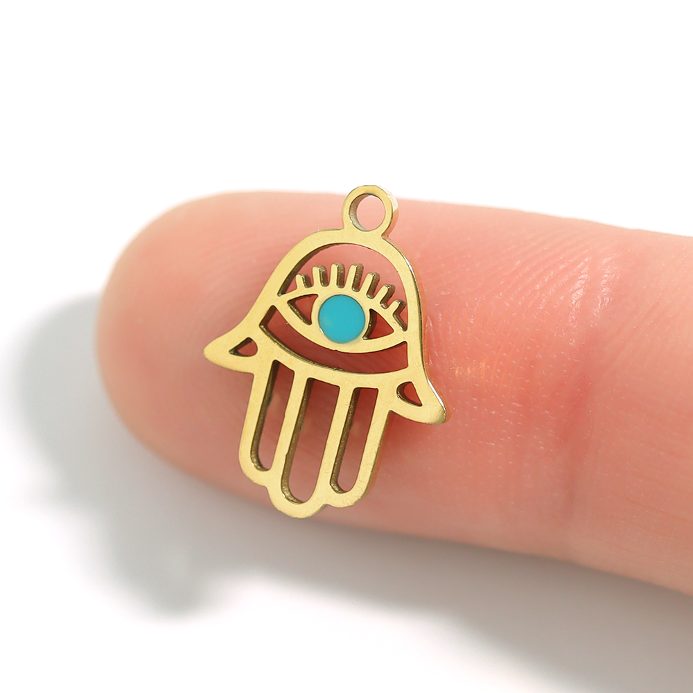 18K Gold PVD Stainless Steel Cutout Hamsa Hand Evil Eye Charm