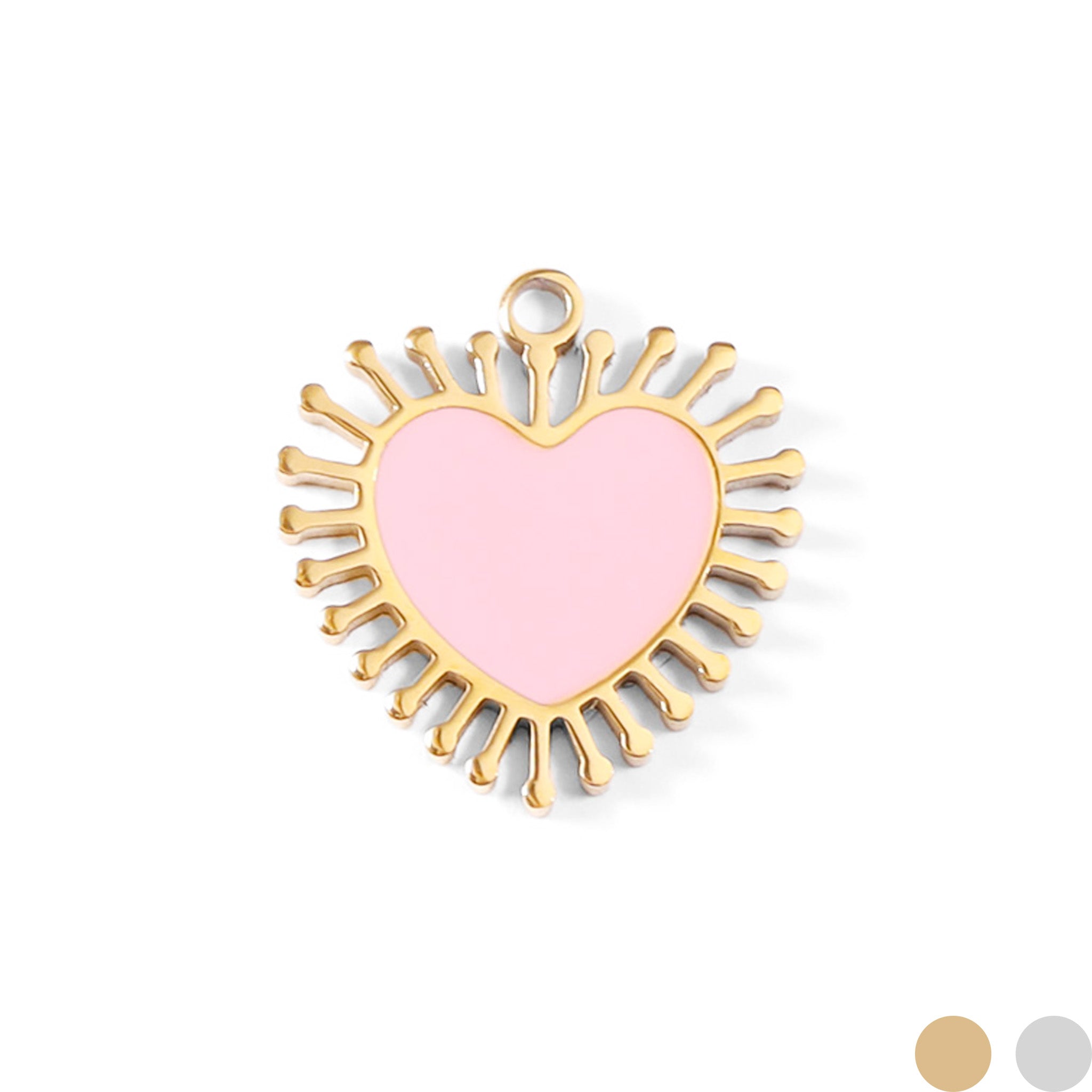 18K Gold PVD Stainless Steel Epoxy Pink Sun Ray Heart Charm