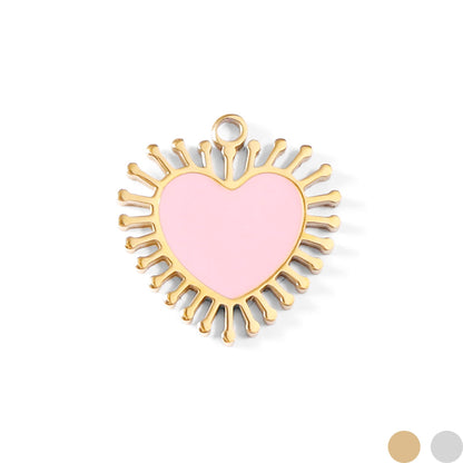 18K Gold PVD Stainless Steel Epoxy Pink Sun Ray Heart Charm