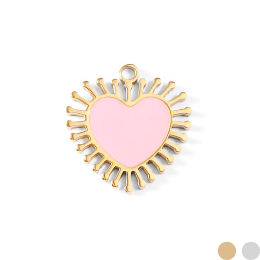 18K Gold PVD Stainless Steel Epoxy Pink Sun Ray Heart Charm