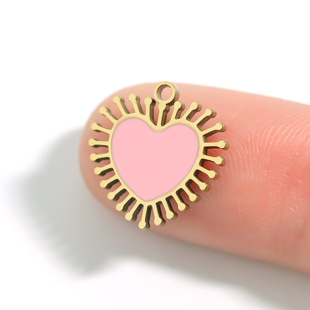 18K Gold PVD Stainless Steel Epoxy Pink Sun Ray Heart Charm