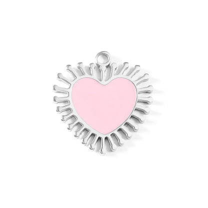 18K Gold PVD Stainless Steel Epoxy Pink Sun Ray Heart Charm