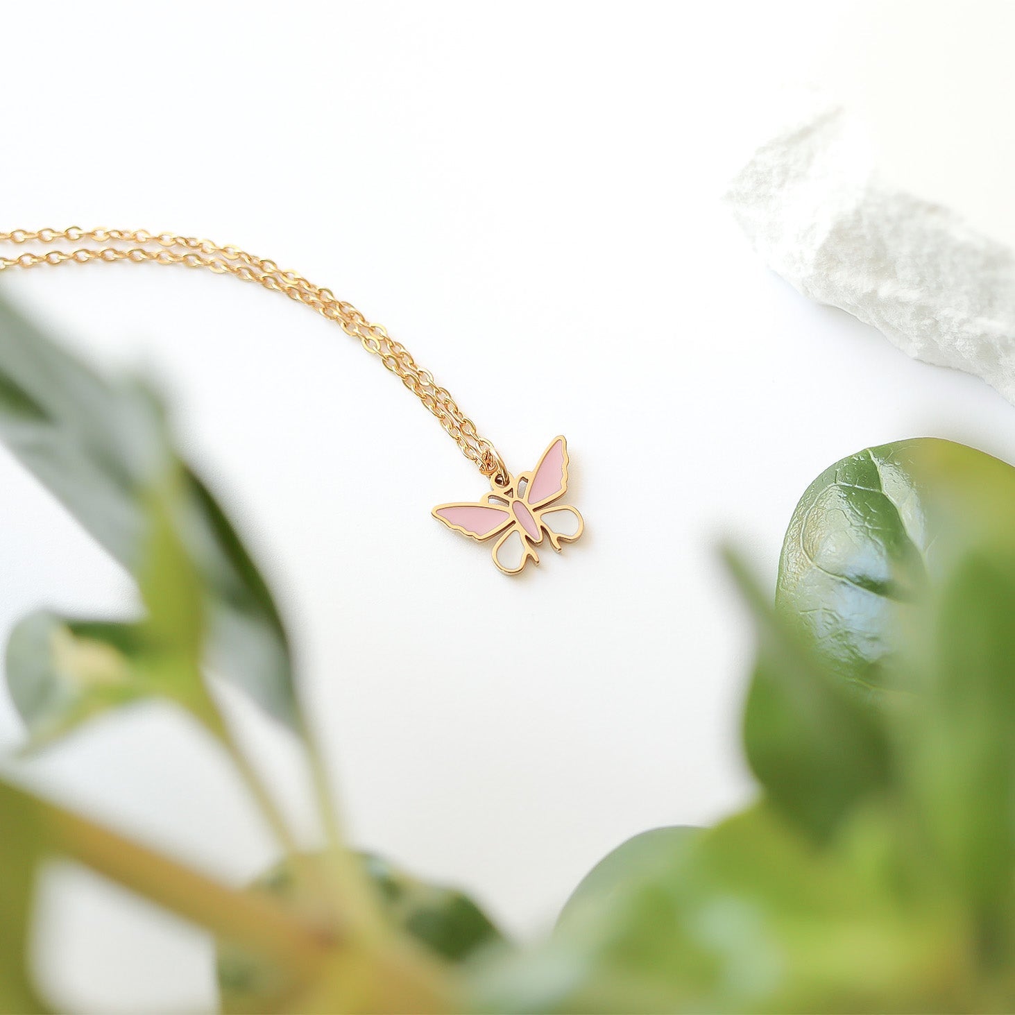 18K Gold PVD Stainless Steel Epoxy Pink and White Butterfly Charm