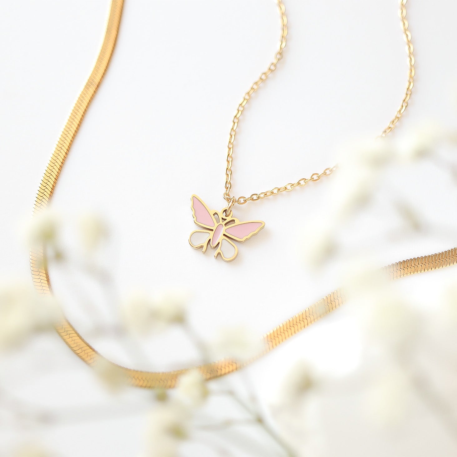 18K Gold PVD Stainless Steel Epoxy Pink and White Butterfly Charm