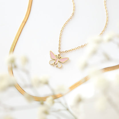 18K Gold PVD Stainless Steel Epoxy Pink and White Butterfly Charm