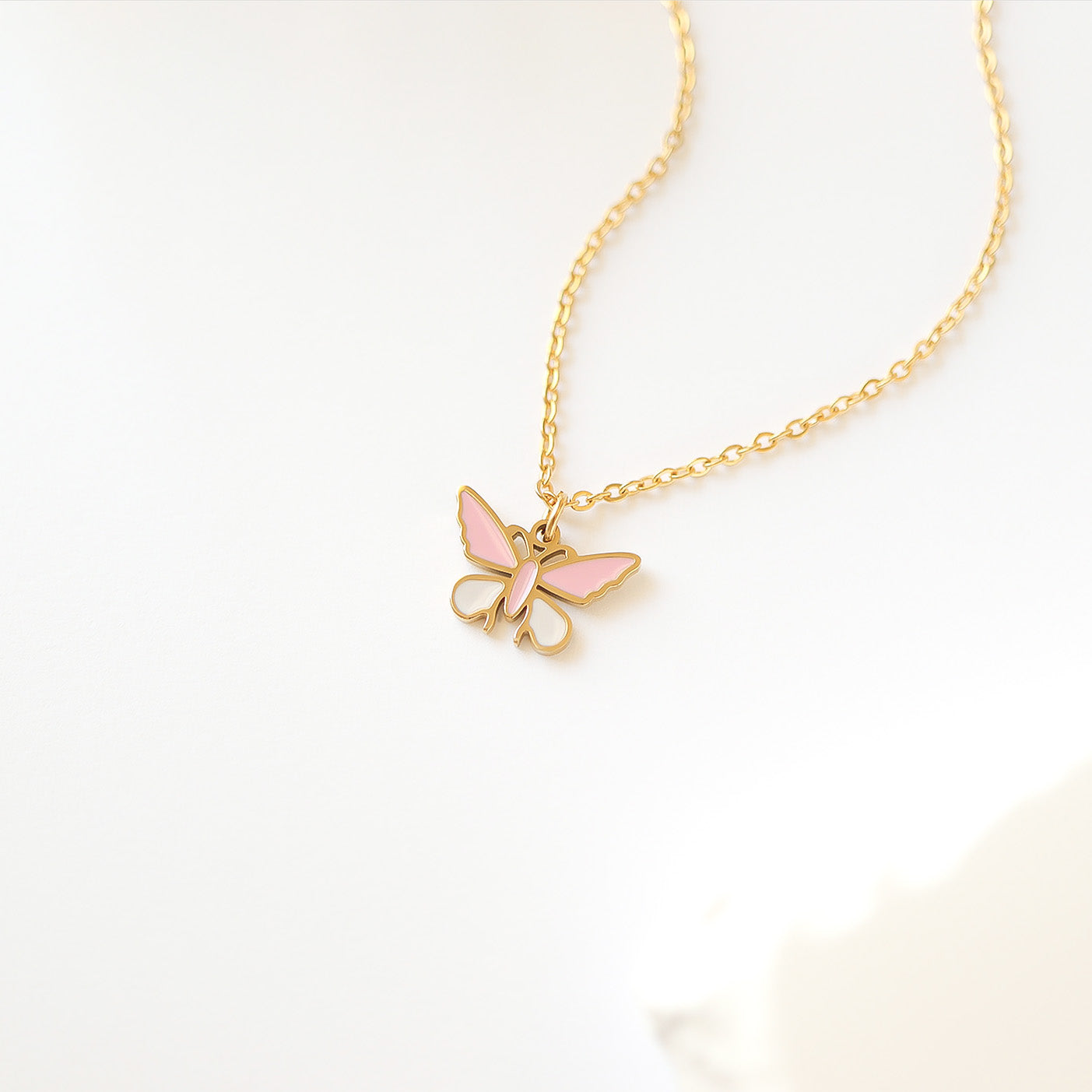 18K Gold PVD Stainless Steel Epoxy Pink and White Butterfly Charm