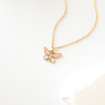 18K Gold PVD Stainless Steel Epoxy Pink and White Butterfly Charm
