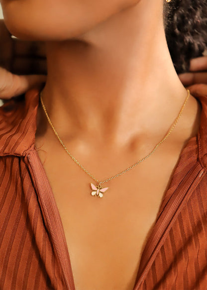 18K Gold PVD Stainless Steel Epoxy Pink and White Butterfly Charm