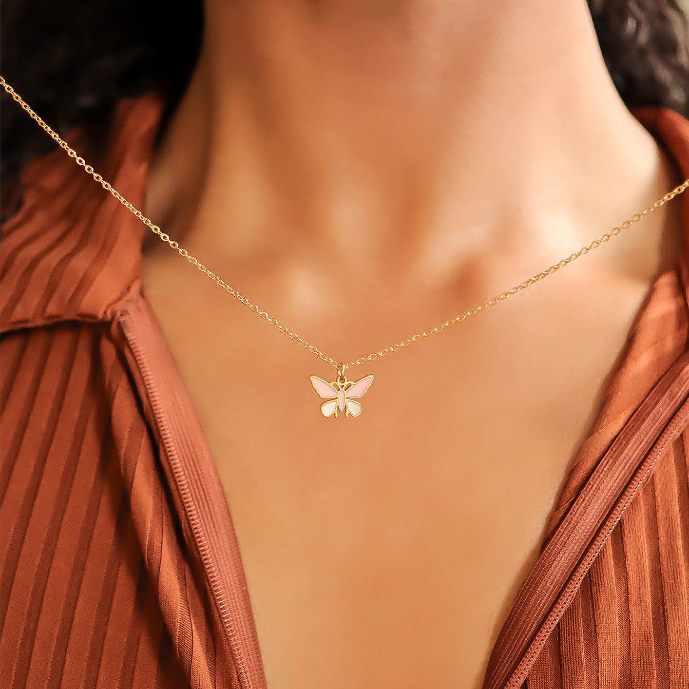 18K Gold PVD Stainless Steel Epoxy Pink and White Butterfly Charm