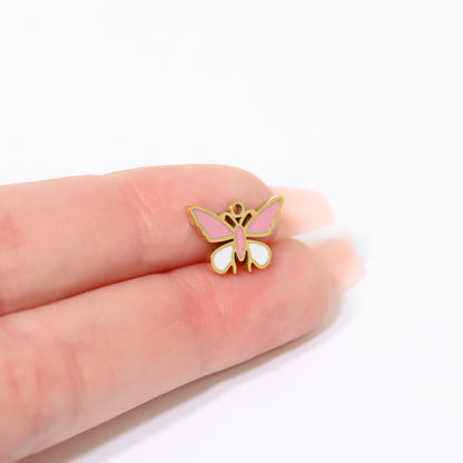 18K Gold PVD Stainless Steel Epoxy Pink and White Butterfly Charm