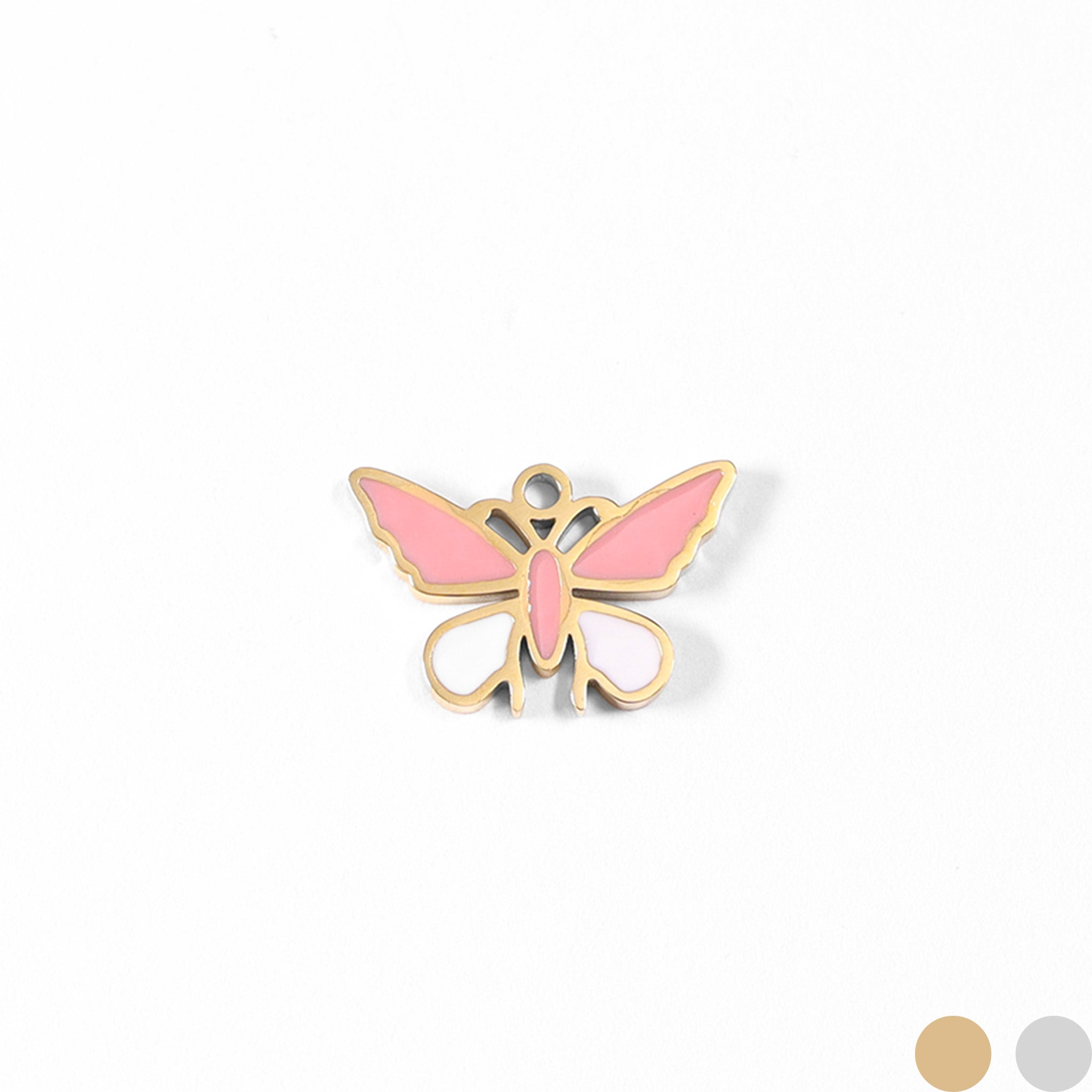 18K Gold PVD Stainless Steel Epoxy Pink and White Butterfly Charm