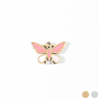 18K Gold PVD Stainless Steel Epoxy Pink and White Butterfly Charm