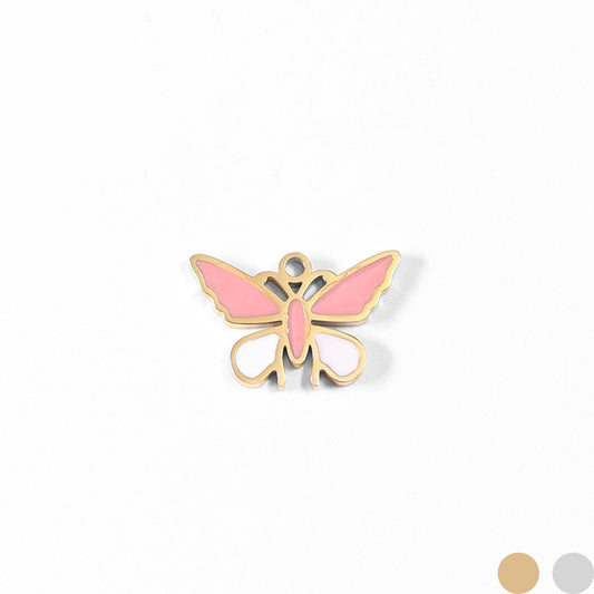 18K Gold PVD Stainless Steel Epoxy Pink and White Butterfly Charm