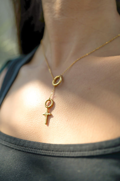 18K Gold PVD Stainless Steel Cross with Heart Charm