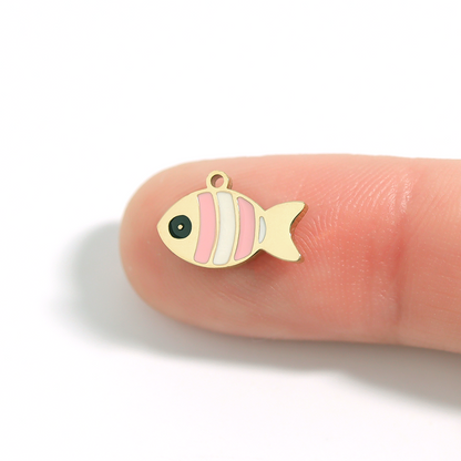 18K Gold PVD Stainless Steel Epoxy Pink And White Fish Charm