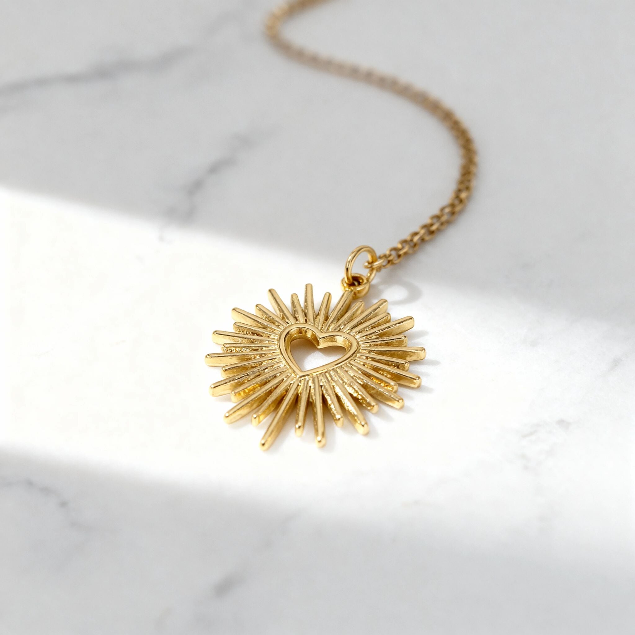 18K Gold PVD Stainless Steel Textured Sunburst Heart Charm
