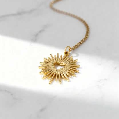 18K Gold PVD Stainless Steel Textured Sunburst Heart Charm