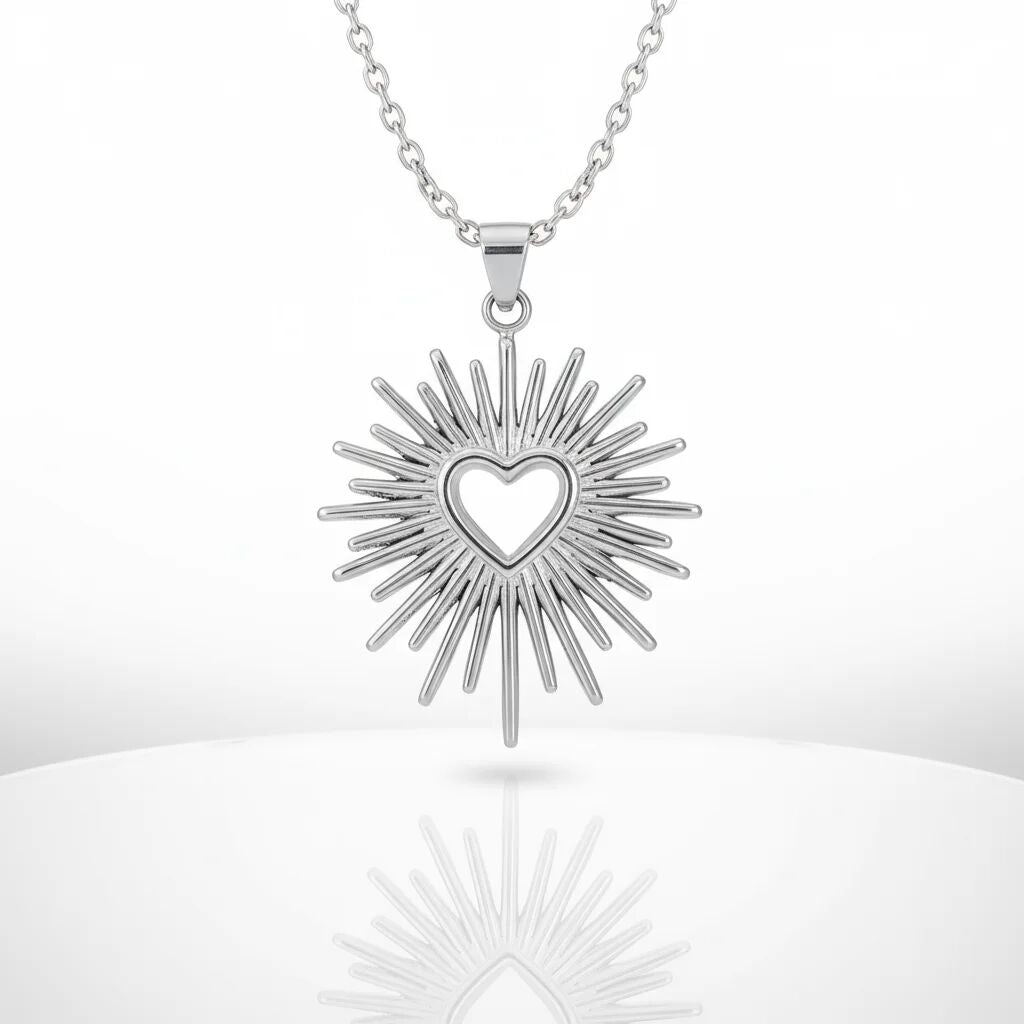 18K Gold PVD Stainless Steel Textured Sunburst Heart Charm