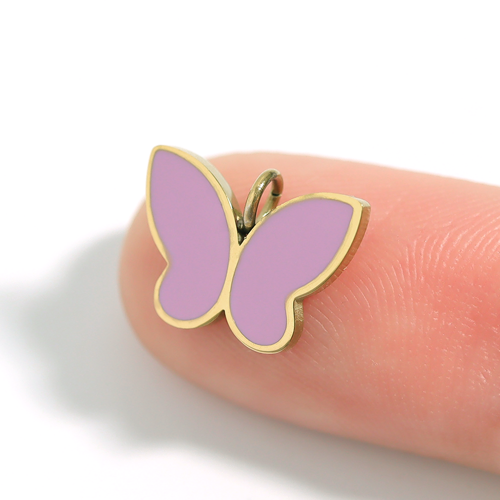 18K Gold PVD Stainless Steel Epoxy Pink Butterfly Charm