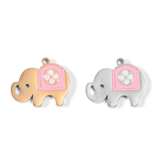 18K Gold PVD Stainless Steel Pink Epoxy Elephant Charm