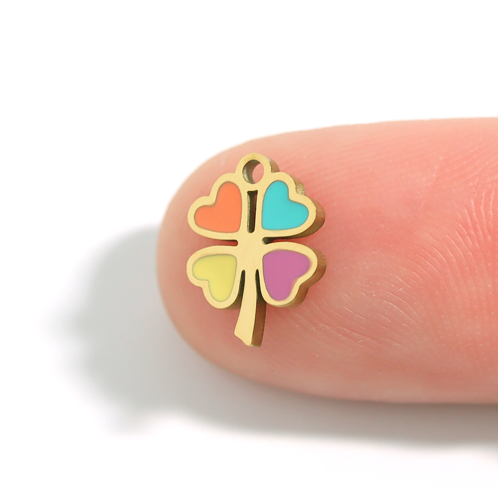 18K Gold PVD Stainless Steel Epoxy Multi-Colored 4 Leaf Clover Charm
